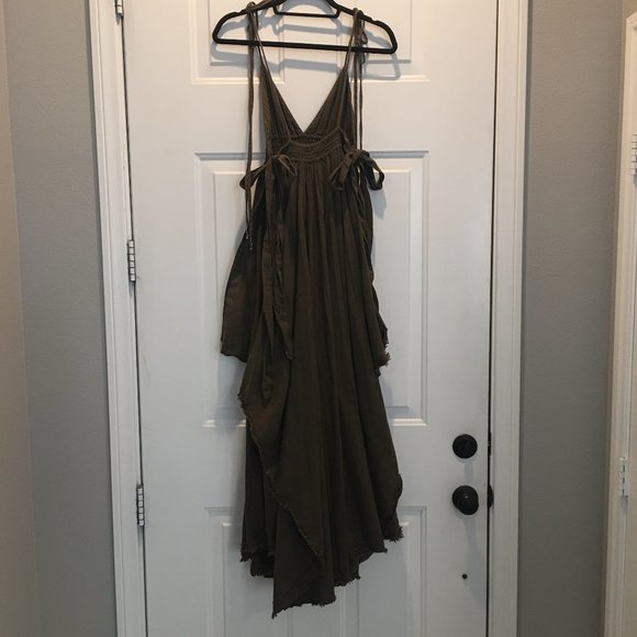Free People dark olive green dress with shoulder ties, uneven fringed hemline - Picture 3 of 4
